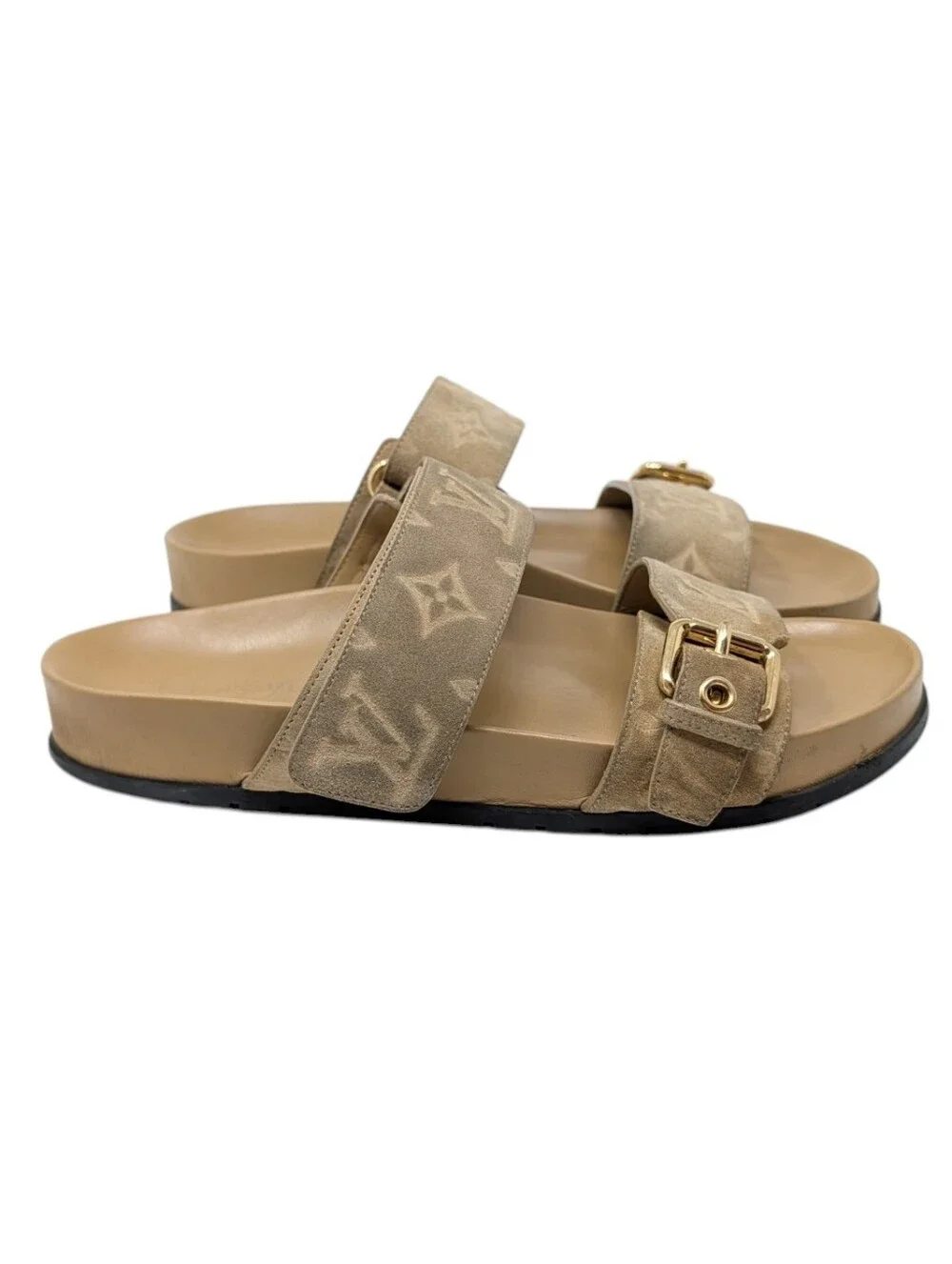 Louis Vuitton Distressed Beige Bom Dia Suede Monogram Sandals Size EU 37.5